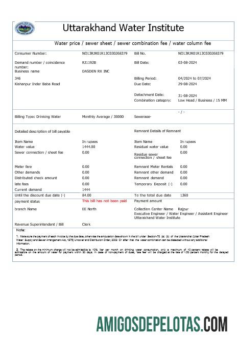 imprimível ÍNDIA UTTARAKHAND ÁGUA Business Utility Bill Word E Modelo PDF